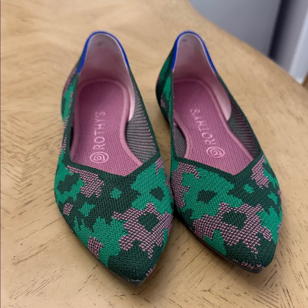 Rothy's camo Vibrant Green and Pink Flats